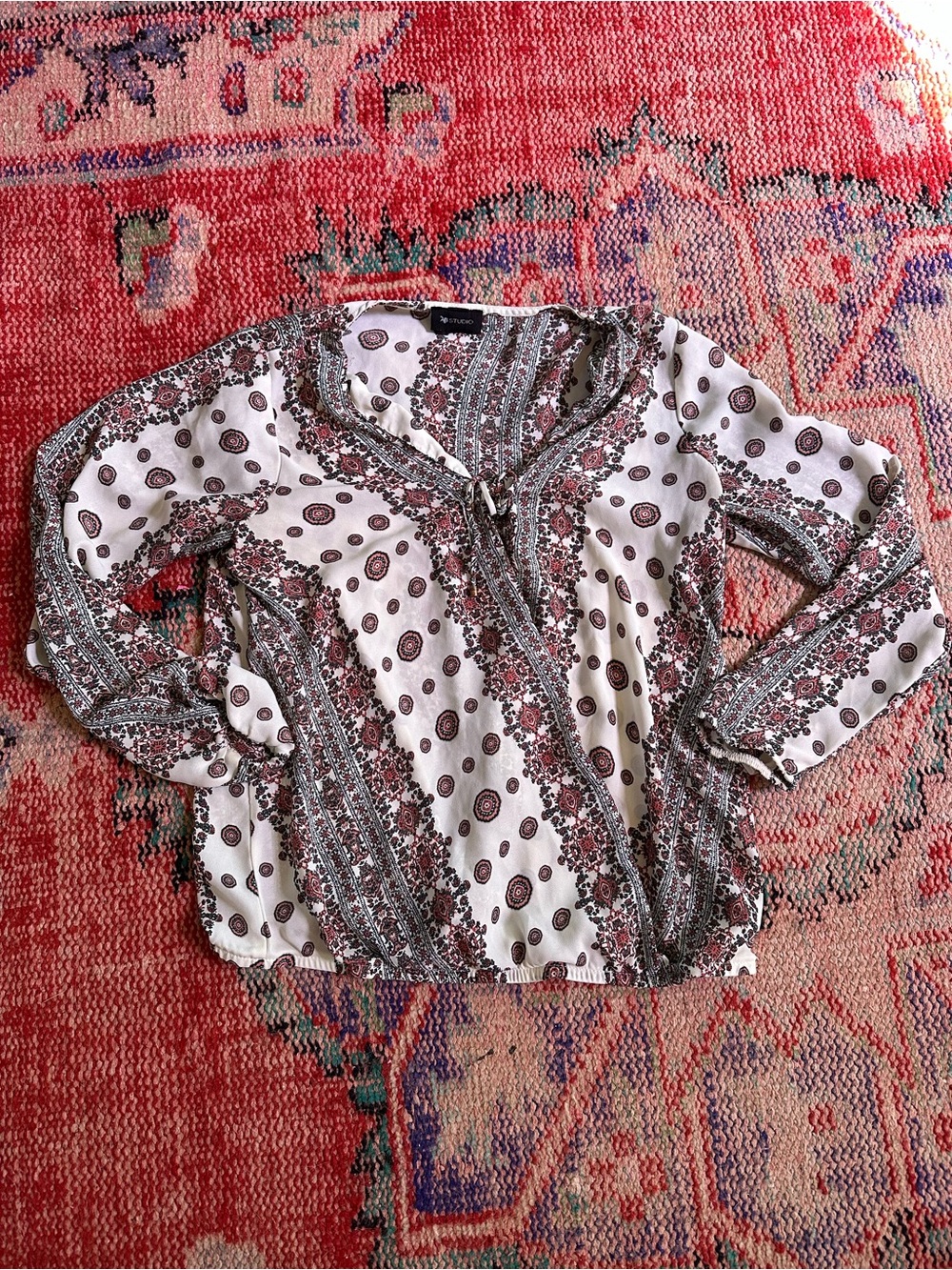 AB Studio White Boho Paisley Tie-Neck Blouse